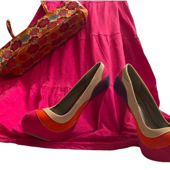 Psychedelic Stilettos Fuchsia Orange Purple Beige Pumps Velvet Heels - Picture 2 of 16